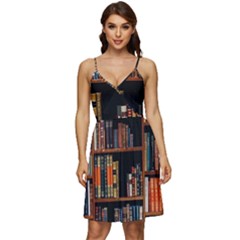 Assorted Title Of Books Piled In The Shelves Assorted Book Lot Inside The Wooden Shelf V-neck Pocket Summer Dress  by 99art