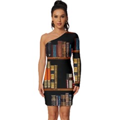 Assorted Title Of Books Piled In The Shelves Assorted Book Lot Inside The Wooden Shelf Long Sleeve One Shoulder Mini Dress by 99art