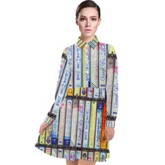 Cassette Tape Music Vintage 1980s 70s Long Sleeve Chiffon Shirt Dress by 99art