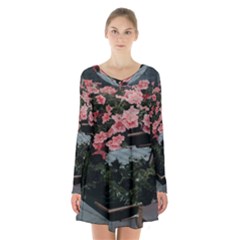 Pink Peony  Flower Long Sleeve Velvet V-neck Dress by artworkshop