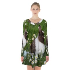 Rabbit Long Sleeve Velvet V-neck Dress by artworkshop