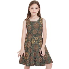 Brown And Green Floral Print Textile Ornament Pattern Texture Kids  Skater Dress by danenraven