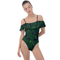 Circuit Board Conductor Tracks Frill Detail One Piece Swimsuit by Cowasu