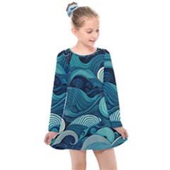 Waves Ocean Sea Abstract Whimsical Abstract Art Kids  Long Sleeve Dress by Cowasu