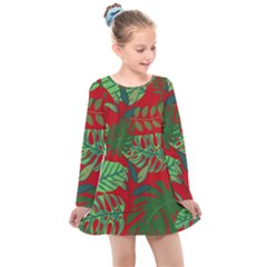 Leaves Leaf Nature Pattern Red Green Kids  Long Sleeve Dress by Cowasu