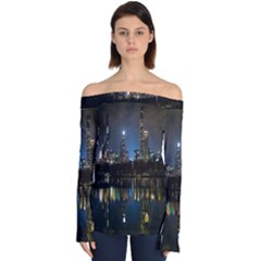 New York Night Central Park Skyscrapers Skyline Off Shoulder Long Sleeve Top by Cowasu