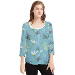 Butterfly Flower Blue Background Chiffon Quarter Sleeve Blouse by danenraven