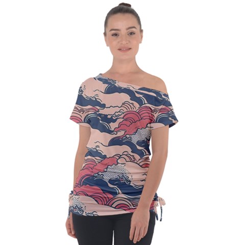 Waves Ocean Sea Water Pattern Rough Seas Off Shoulder Tie-up Tee by danenraven