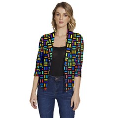 Geometric Colorful Square Rectangle Women s Draped Front 3/4 Sleeve Shawl Collar Jacket by Bangk1t