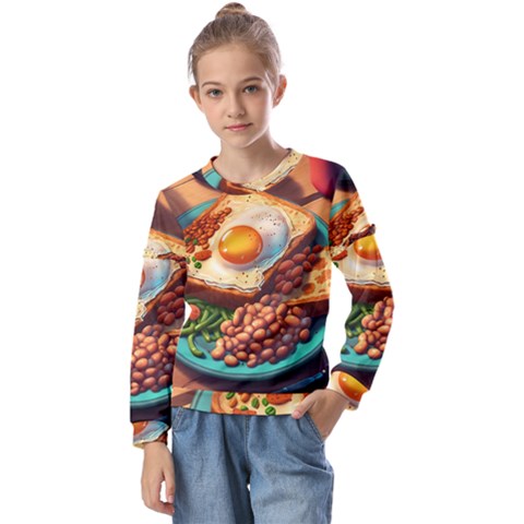 Breakfast Egg Beans Toast Plate Kids  Long Sleeve Tee With Frill  by Ndabl3x