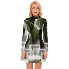 Waterfall Moss Korea Mountain Valley Green Forest Long Sleeve Velour Longline Dress by Ndabl3x