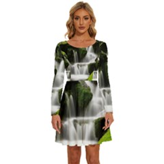 Waterfall Moss Korea Mountain Valley Green Forest Long Sleeve Wide Neck Velvet Dress by Ndabl3x