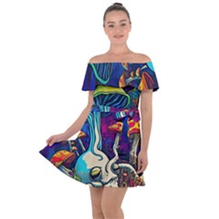 Mushrooms Fungi Psychedelic Off Shoulder Velour Dress by Ndabl3x