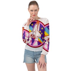 Badge-patch-pink-rainbow-rocket Banded Bottom Chiffon Top by Wav3s