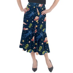 Seamless-pattern-with-funny-aliens-cat-galaxy Midi Mermaid Skirt by Wav3s