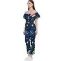 Seamless-pattern-with-funny-aliens-cat-galaxy Off Shoulder Ruffle Top Jumpsuit View2