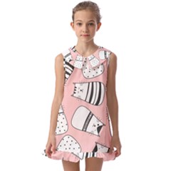 Cute Cats Cartoon Seamless-pattern Kids  Pilgrim Collar Ruffle Hem Dress by Vaneshart