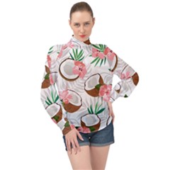 Seamless Pattern Coconut Piece Palm Leaves With Pink Hibiscus High Neck Long Sleeve Chiffon Top by Vaneshart