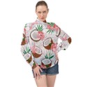 Seamless Pattern Coconut Piece Palm Leaves With Pink Hibiscus High Neck Long Sleeve Chiffon Top View1