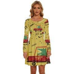 Childish-seamless-pattern-with-dino-driver Long Sleeve Wide Neck Velvet Dress by Vaneshart