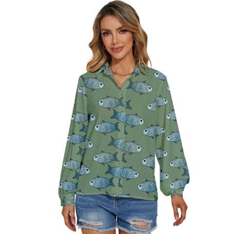 Fishes Pattern Background Theme Women s Long Sleeve Button Up Shirt by Vaneshop