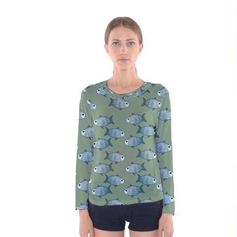 Fishes Pattern Background Theme Women s Long Sleeve Tee by Vaneshop