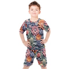 3d Flower Bloom Embossed Pattern Kids  Tee And Shorts Set by Vaneshop