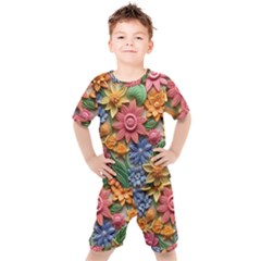 Flower Bloom Embossed Pattern Kids  Tee And Shorts Set by Vaneshop