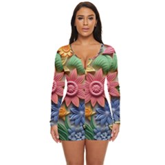 Flower Bloom Embossed Pattern Long Sleeve Boyleg Swimsuit by Vaneshop