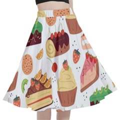 Seamless Pattern Hand Drawing Cartoon Dessert And Cake A-line Full Circle Midi Skirt With Pocket by Wav3s