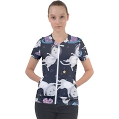 Space Cat Illustration Pattern Astronaut Short Sleeve Zip Up Jacket by Wav3s