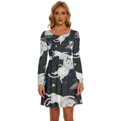 Space Cat Illustration Pattern Astronaut Long Sleeve Wide Neck Velvet Dress by Wav3s