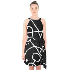 Mazipoodles In The Frame - Black White Halter Collar Waist Tie Chiffon Dress by Mazipoodles