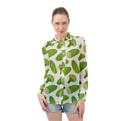 Vegetable Pattern With Composition Broccoli Long Sleeve Chiffon Shirt by Grandong