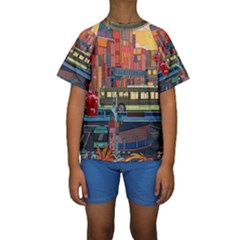 The City Style Bus Fantasy Architecture Art Kids  Short Sleeve Swimwear by Grandong