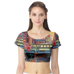 The City Style Bus Fantasy Architecture Art Short Sleeve Crop Top by Grandong