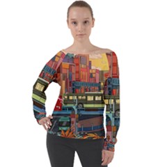 The City Style Bus Fantasy Architecture Art Off Shoulder Long Sleeve Velour Top by Grandong