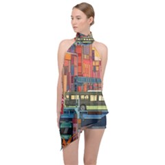 The City Style Bus Fantasy Architecture Art Halter Asymmetric Satin Top by Grandong