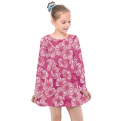 Cute Pink Sakura Flower Pattern Kids  Long Sleeve Dress by Cowasu