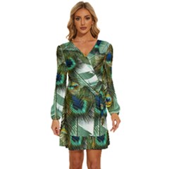 Peacock Feathers Feather Blue Green Long Sleeve Waist Tie Ruffle Velvet Dress by Cowasu