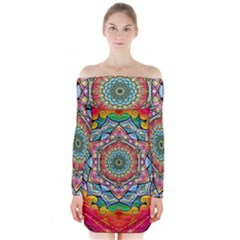 Mandalas Psychedelic Long Sleeve Off Shoulder Dress by Cowasu