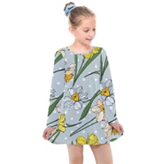 Narcissus Floral Botanical Flowers Kids  Long Sleeve Dress by Cowasu