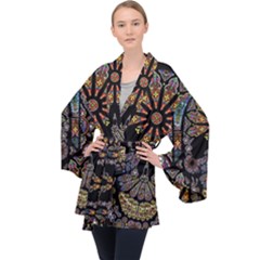 Skull Death Mosaic Artwork Stained Glass Long Sleeve Velvet Kimono  by Cowasu