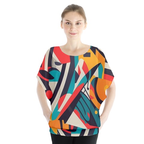 Colorful Abstract Batwing Chiffon Blouse by Jack14