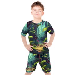 Rainforest Jungle Cartoon Animation Background Kids  Tee And Shorts Set by Ndabl3x