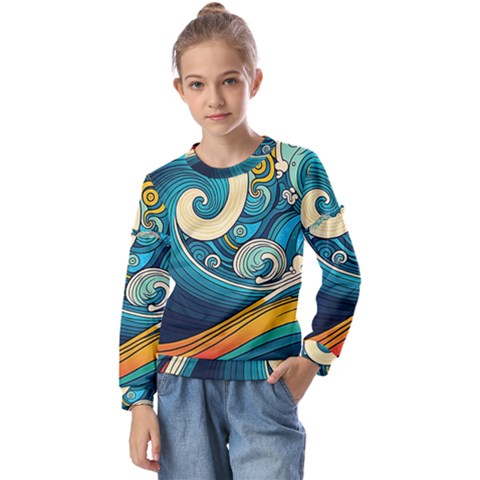 Waves Wave Ocean Sea Abstract Whimsical Abstract Art Kids  Long Sleeve Tee With Frill  by Ndabl3x