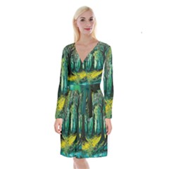 Ai Generated Trees Forest Mystical Forest Nature Art Long Sleeve Velvet Front Wrap Dress by Ndabl3x