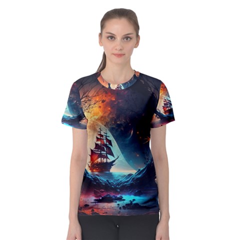 Tree Planet Moon Women s Sport Mesh Tee by Ndabl3x