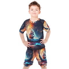 Tree Planet Moon Kids  Tee And Shorts Set by Ndabl3x