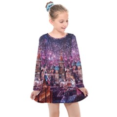 Moscow Kremlin Saint Basils Cathedral Architecture  Building Cityscape Night Fireworks Kids  Long Sleeve Dress by Cowasu